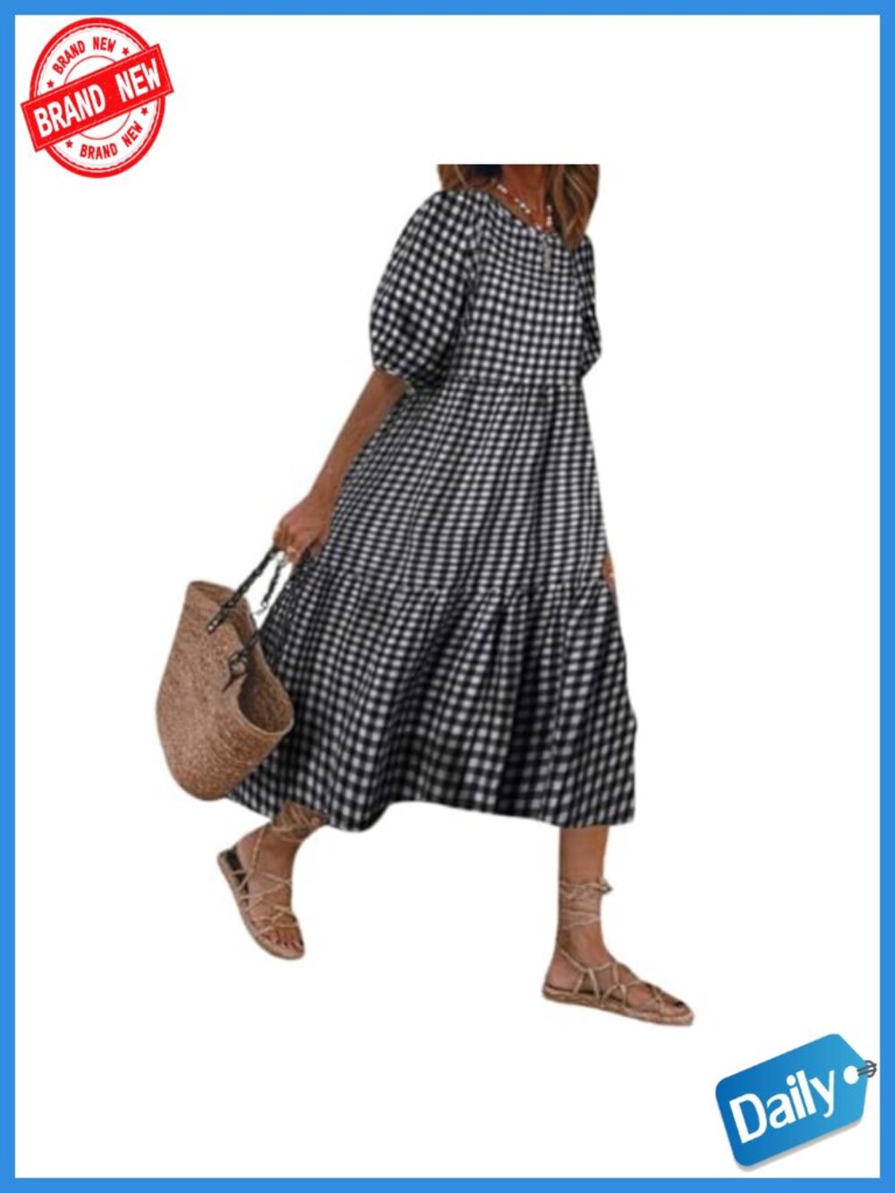 Retro Lantern Puff Sleeve Plaid Dress Swing Tiered Midi Dress